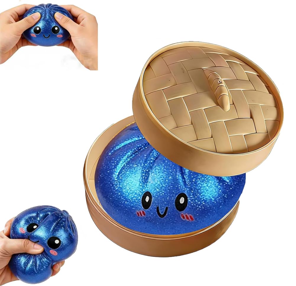 Glitter Dumpling Squishy, Colorful Dumpling Squishes Stress Balls with Steamer, Easter Gifts, Soft Squeeze Decompression Dough for Adults (Blue with Glitter)