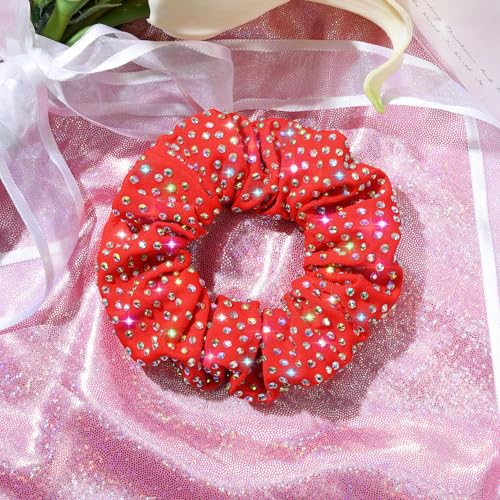 CEELGON Red Glitter Rhinestone Scrunchies 2-Pack for Cheerleading & Dance
