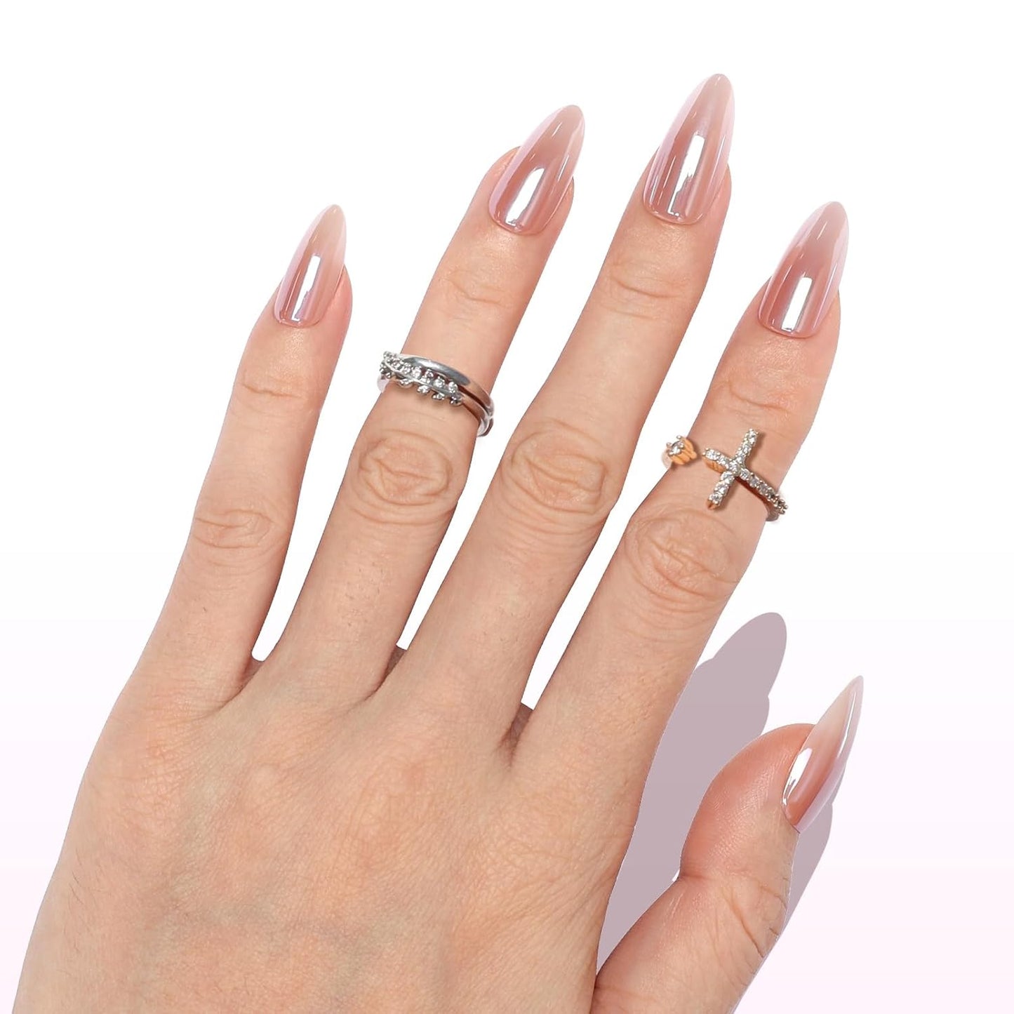 Almond Press On Nails - Rose Gold Glazed Finish | Natural & Reusable, 30 Nail Tips with Glue, 15 Sizes