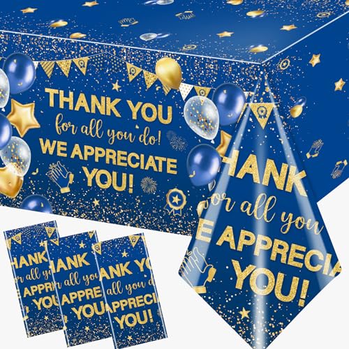 Thank You Tablecloth Set - 3 Pieces, Blue & Gold Appreciation Decor