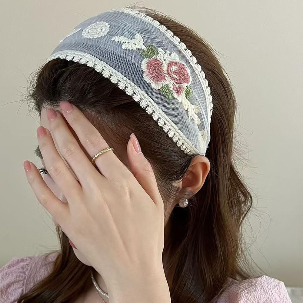 Jaczora Floral Lace Headbands for Women, Wide Mesh Hair Bands with Embroidered Flowers, 3-Pack, White