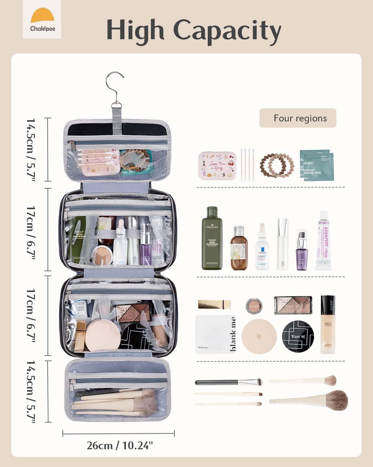 Chakipee Travel Hanging Toiletry Bag for Women - Waterproof Cosmetic Organizer with Clear Window, Lightweight Bathroom Bags for Essentials, Makeup, Shampoo, Toiletries Black, Medium