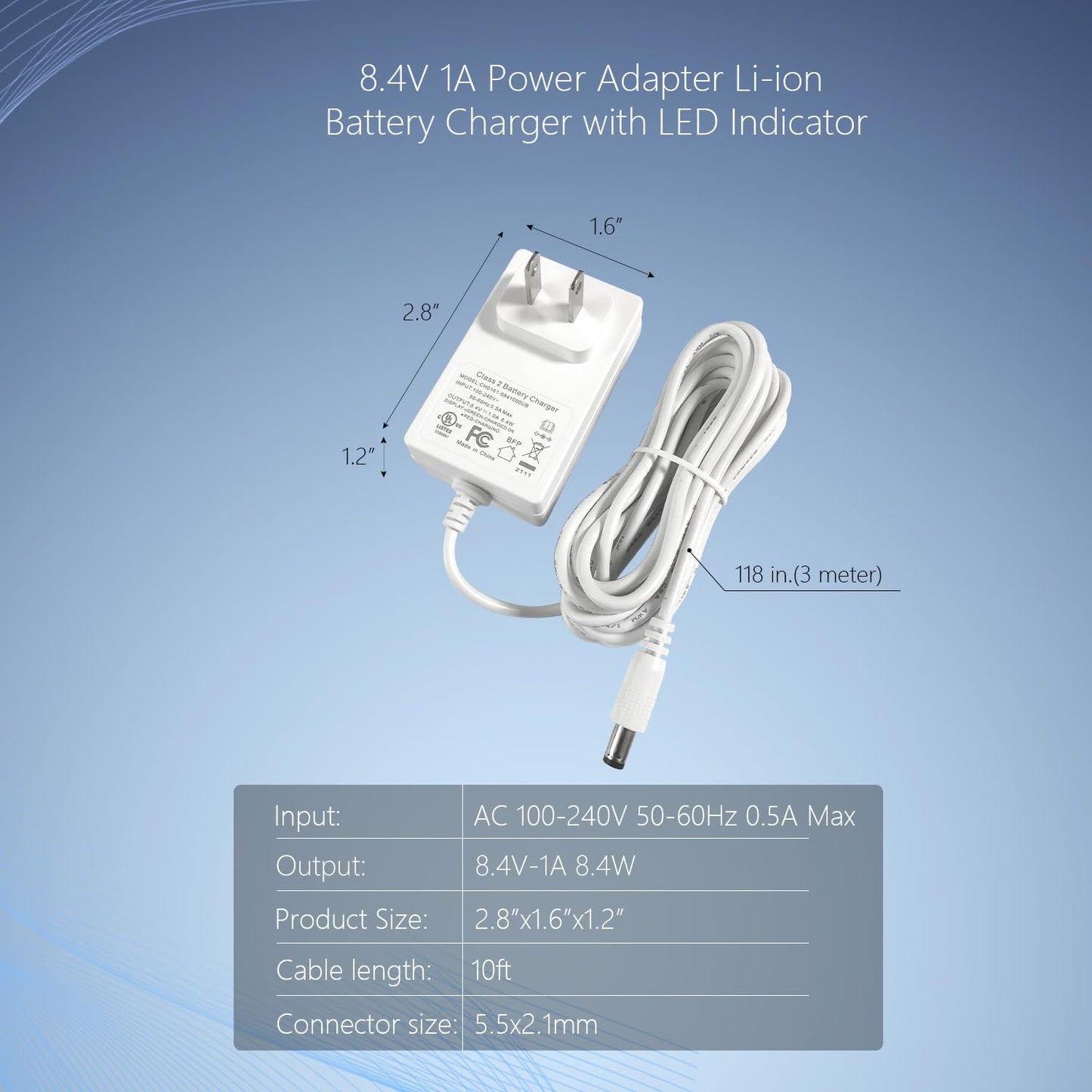 Sortfle 8.4V 1A DC Adapter Power Supply Charger with LED Indication 5.5x2.1mm Plug Extra Long 10 Foot Cord for 7.2V-8.4V Motorized Shades