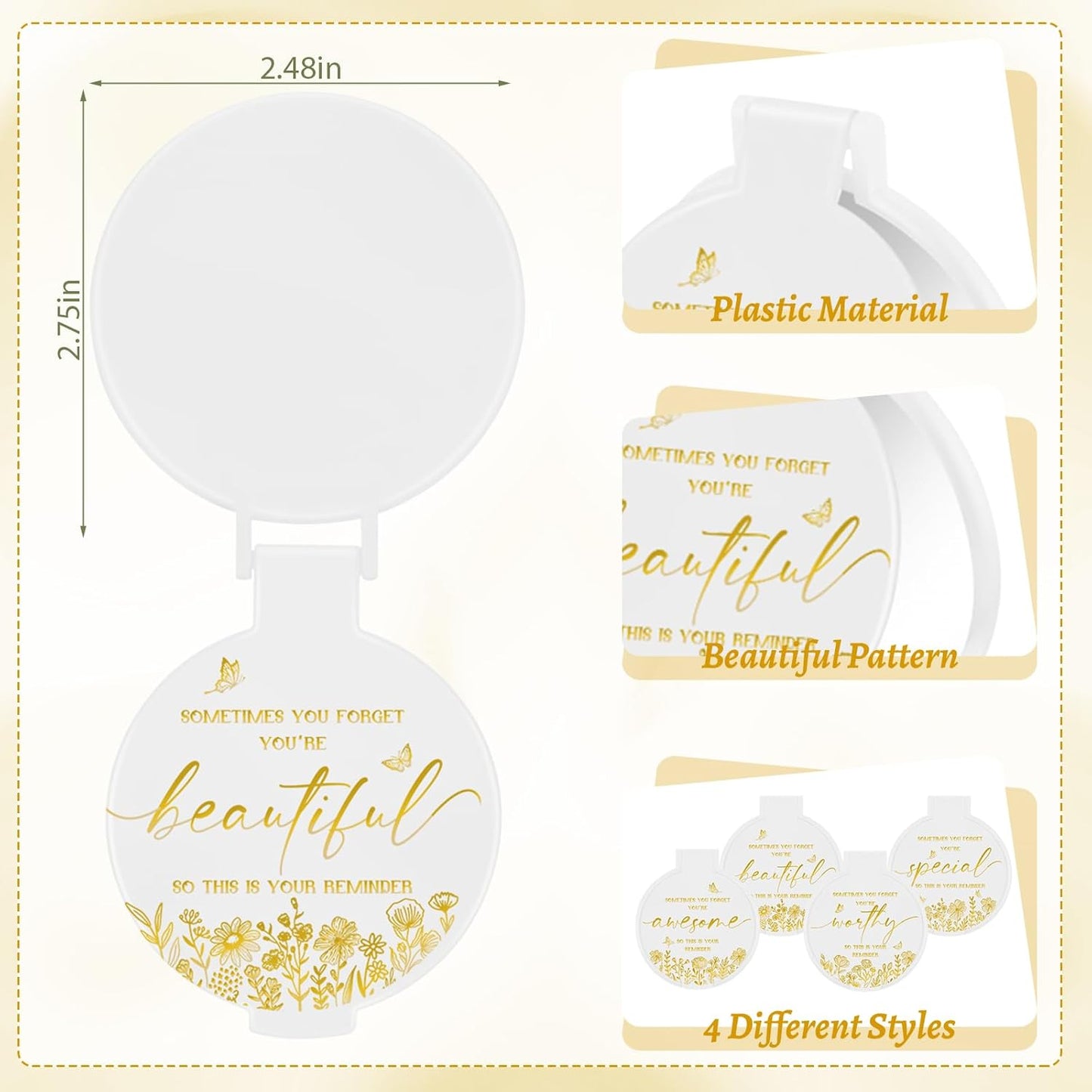 Inspirational Compact Mirror - 100 Pcs Portable Round Folding Makeup Mirror | Perfect Gift for Women, Coworkers, Teachers (White)