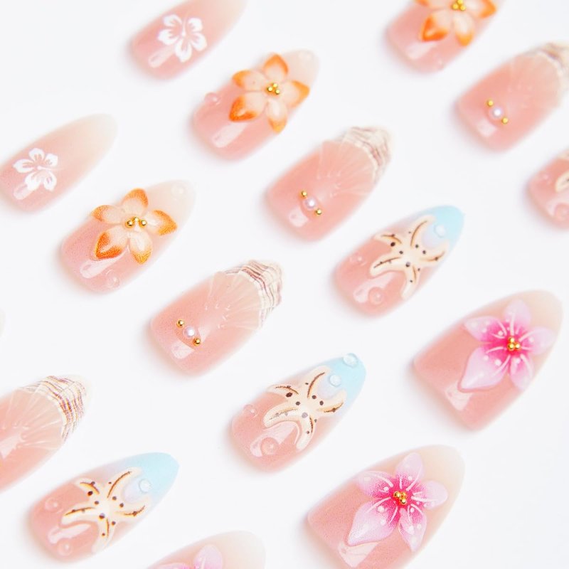 30 Pcs Summer Press-On Nails - Medium Almond 3D Floral & Starfish Design | Reusable Glossy Nude Pink Acrylic for Women