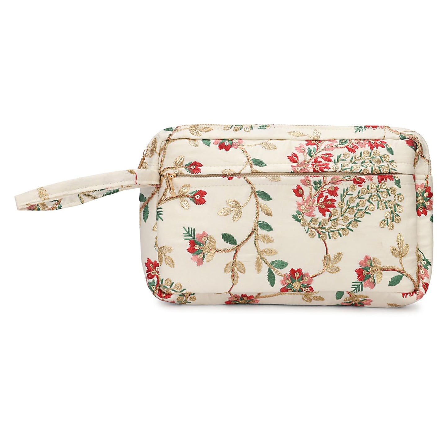 LONGING TO BUY Floral Embroidered Cosmetic Pouch, Make Up Organizer Pouch for Women, Zip Pouch Combo for Multiple Use Wristlet Design (White Multi)
