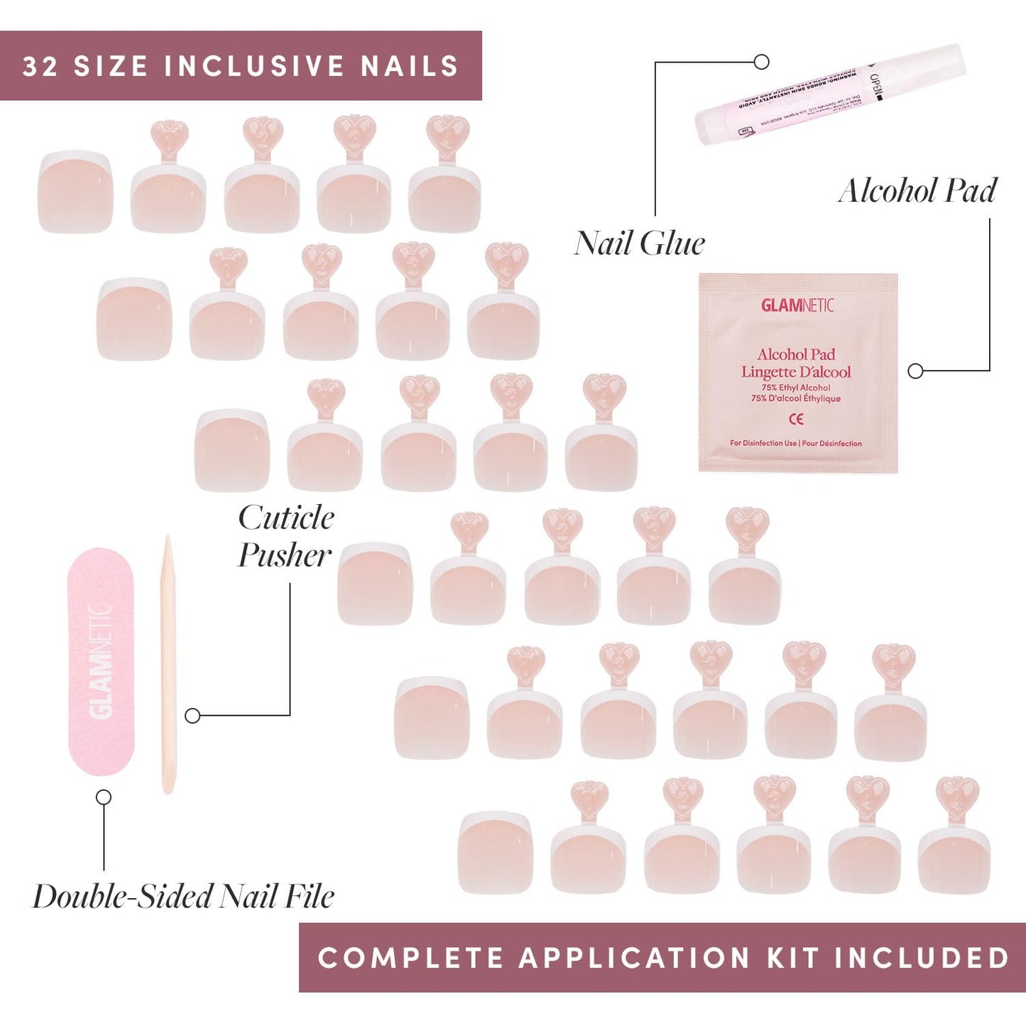 Glamnetic Press On Toenails - Classic White French Tip Fake Toe Nails | 16 Sizes, Glossy Finish, 32 Nail Kit with Glue