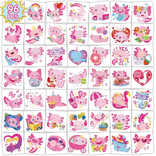 Kids Axolotl Temporary Tattoos - 96pcs, Safe & Removable Party Favors