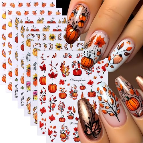 Quezadyl Falling Leaf Autumn Nail Stickers 8 Sheets Thanksgiving Pumpkin Decals
