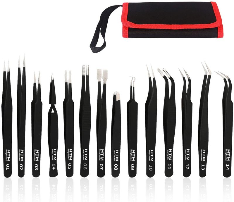 HengTianMei Precision Tweezers Set, ESD Anti-Static Stainless Steel Tweezers Set for Craft, Jewelry, Electronics, Laboratory Work (14 PCS)