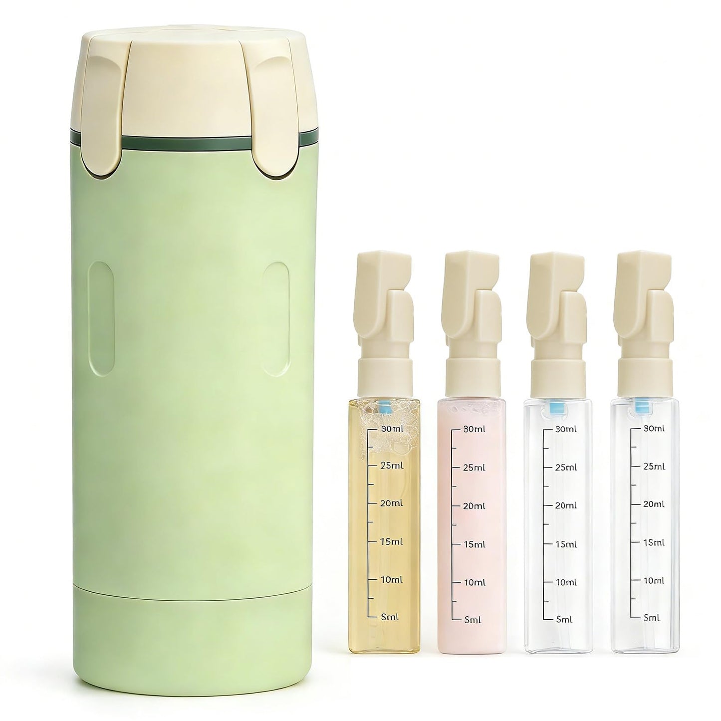 4 in 1 Travel Dispenser Bottle, 4 Pack 30ML Travel Bottles for Toiletries, Refillable, Leak Proof, Portable, for Travel, Camping, Business Trip, for Face Wash, Body Wash, Lotion, Toner (Green)