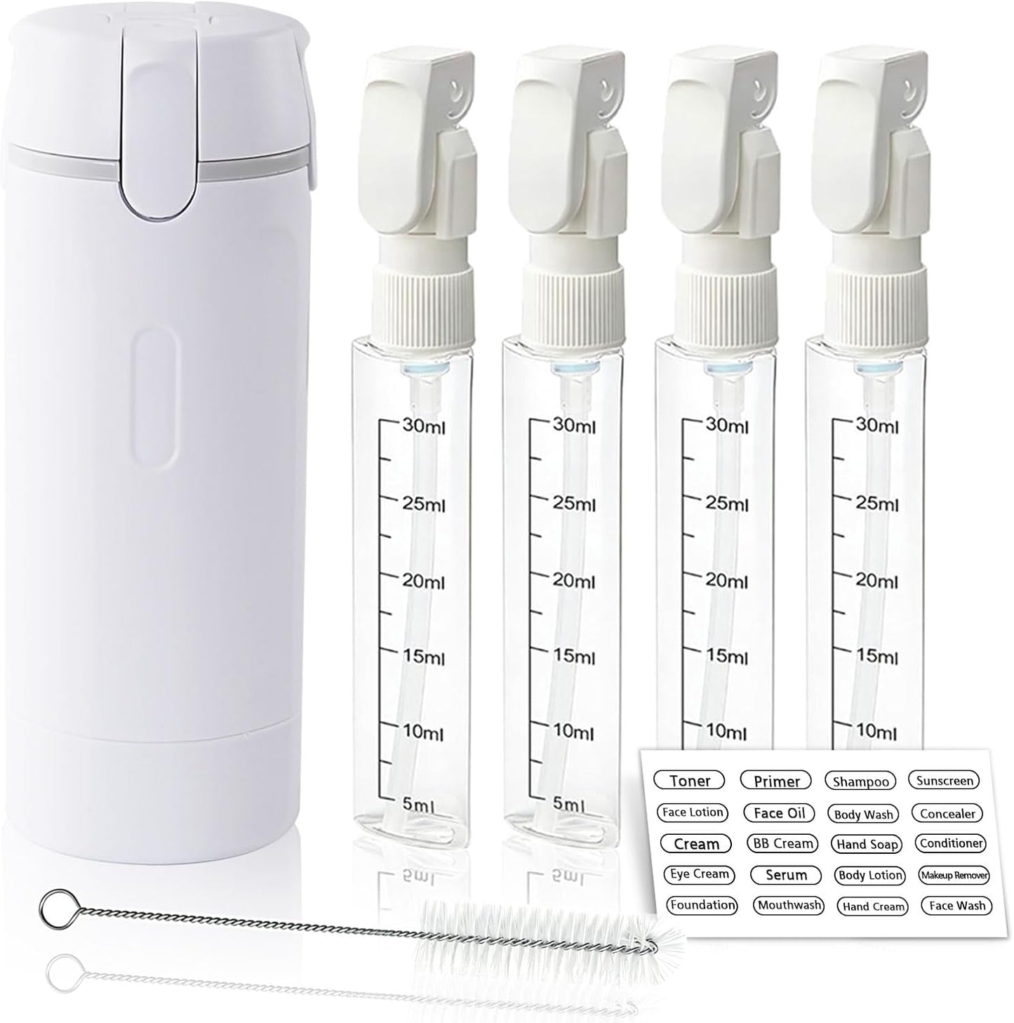 Travel Shampoo and Conditioner Dispenser - 4 in 1 Refillable Leak-Proof Toiletry Bottles | 120ML White
