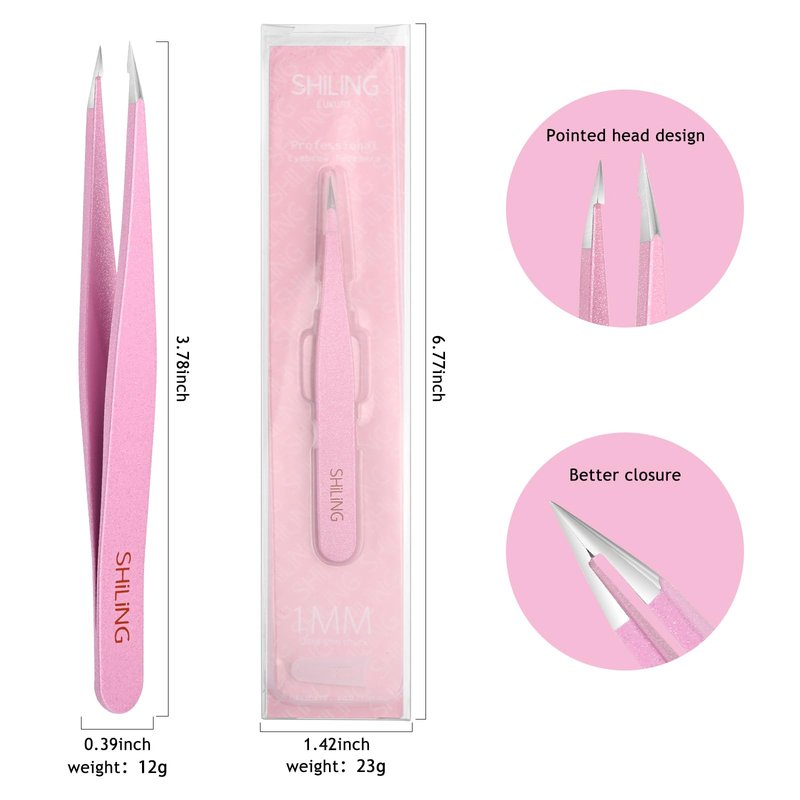 SHILING Professional Precision Tweezers, Stainless Steel Pointed Tip, 0.1mm Ultra-Thin, Pink, Eyebrow and Facial Hair Removal, personal care and makeup tools