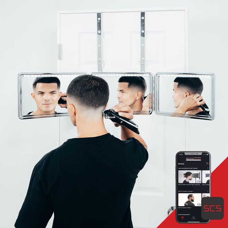 3-Way Mirror Self-Cut System - 360° Portable Trifold Mirror with Rechargeable LED Lights | Adjustable Hooks, Foldable Design, Black