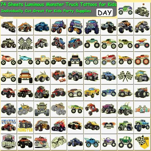 Glow in The Dark Monster Truck Temporary Tattoos - 74 Sheets