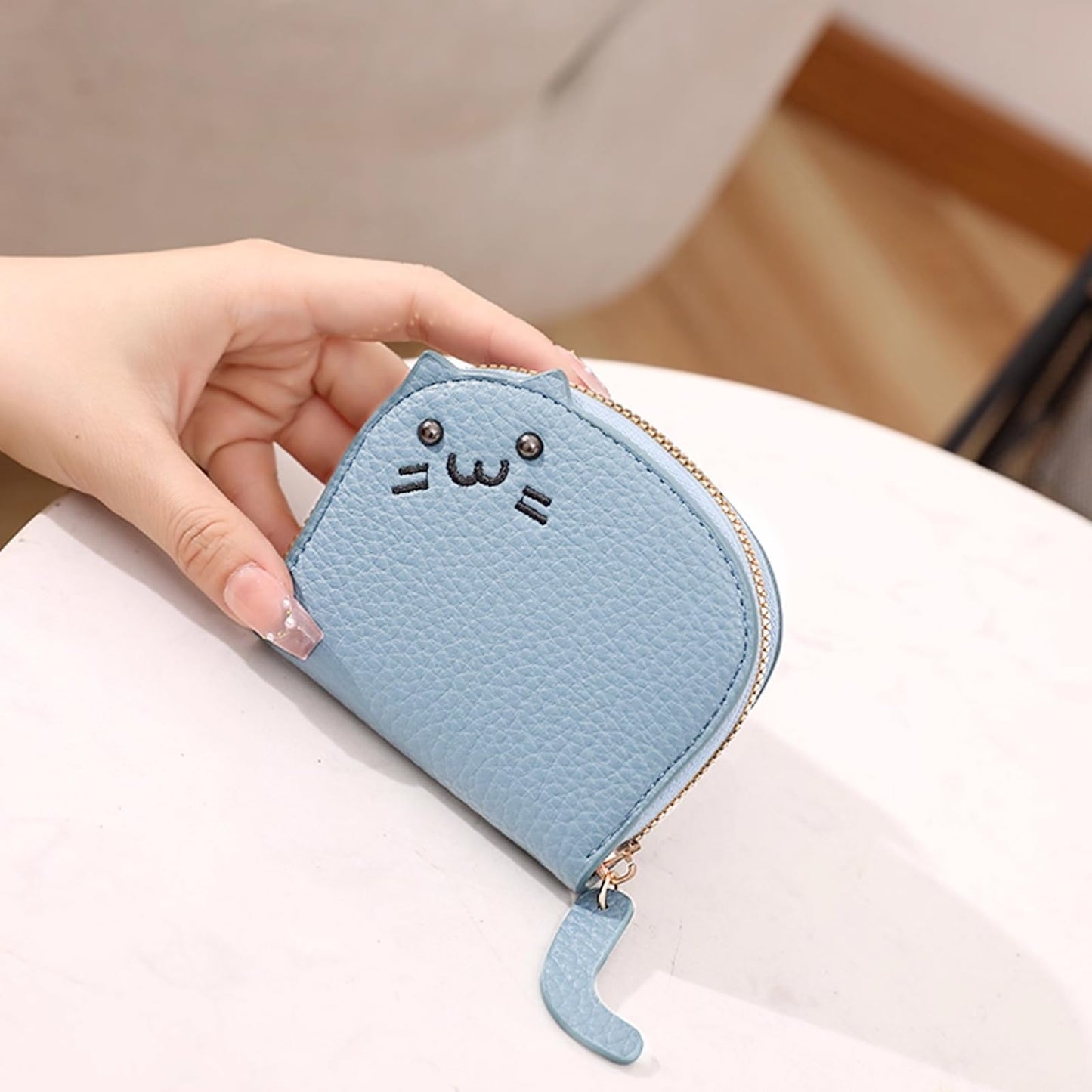 Elegant Cat-Themed Coin Purse for Women | Stylish Litchi Pattern with PU Card Holder | Perfect as a Cat Wallet or Change Purse Blue
