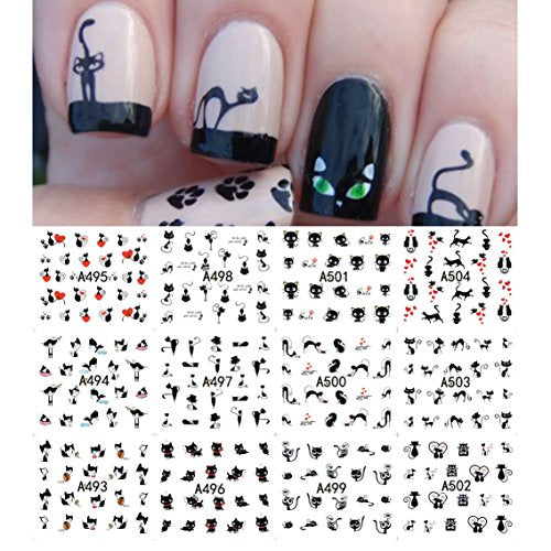 AKOAK Cat Pattern Water Transfer Nail Stickers 12 Sheets Cute Nail Art Decals