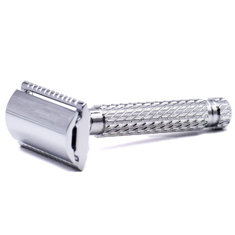 Parker 94R “Hefty” Double-Edge Safety Razor with Standard-Length Handle + 5 Premium Blades – Chrome-Plated Brass, Three-Piece Design, Balanced Weight for Classic Wet Shaving
