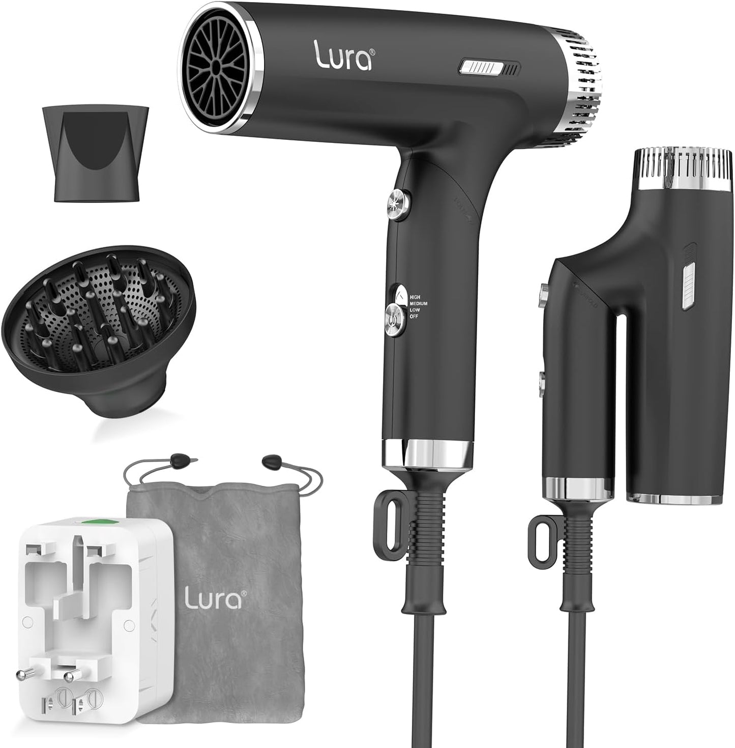Dual Voltage Travel Hair Dryer - Compact & Lightweight Blow Dryer with Diffuser | Portable Mini Design for Women & Kids (Black)