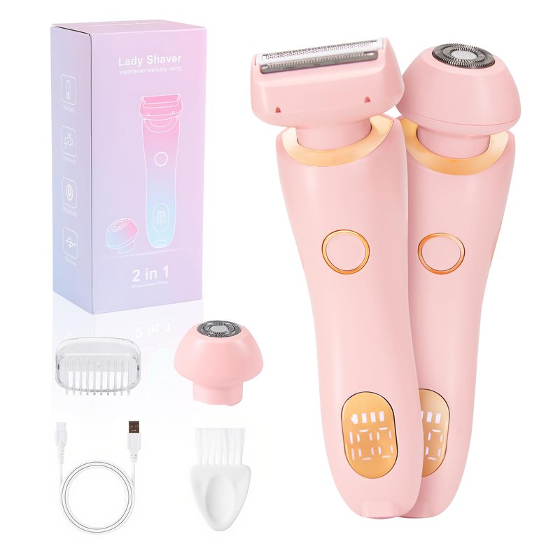 Women Intimate Shaver, Body Groomer Dual Head Bikini Trimmer 2 in 1 Electric Razors Cordless Dry/Wet Use for Pubic Hair, Armpit, Facial Hair Painless Removal Waterproof Rechargeable, for Underarm Leg