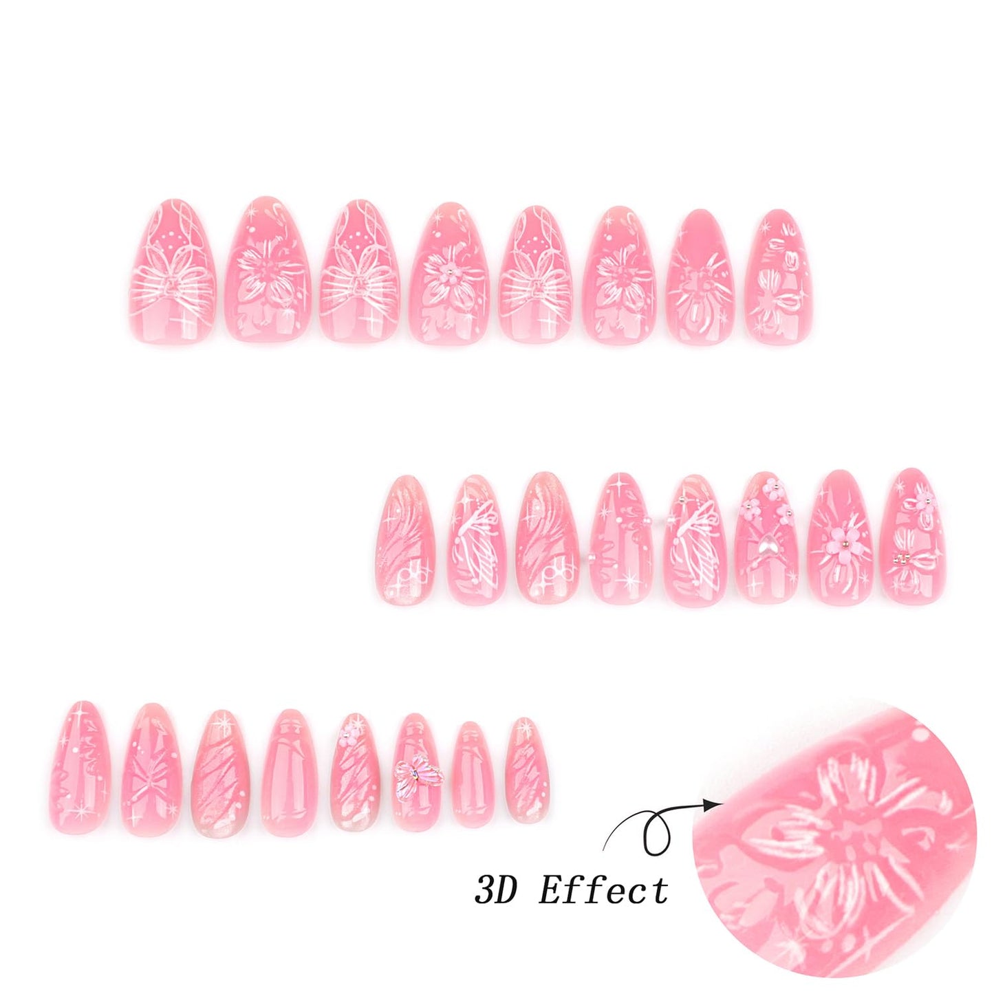 Pink Press-On Nails - 24 Pcs Medium Almond Floral Designs with 3D Flowers & Butterflies | Spring Summer Acrylic Set