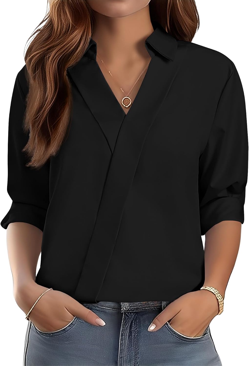 3/4 Length Sleeve Women's Dressy V-Neck Collared Tops - Trendy Business Casual Blouses for Work & Vacation