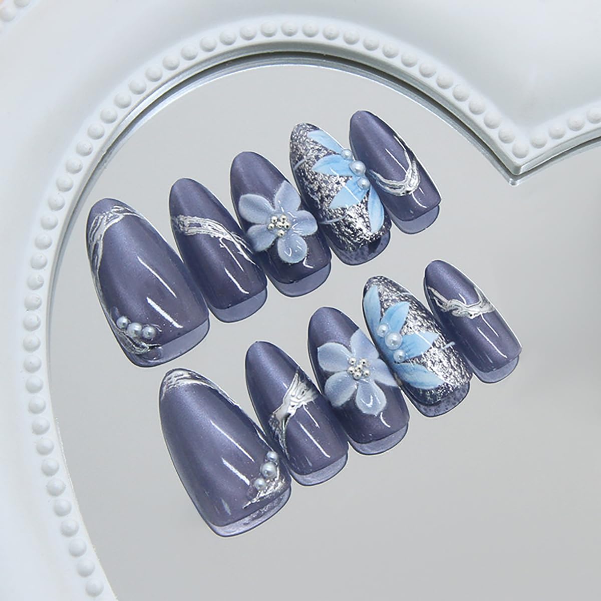 Almond Press-On Nails - 30Pcs Medium Flower Design with 3D Pearls | Dark Purple French Tips for DIY Manicure