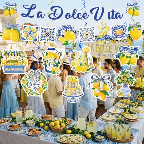 La Dolce Vita Party Decorations Set - 10pcs Lemon Banners & Swirls