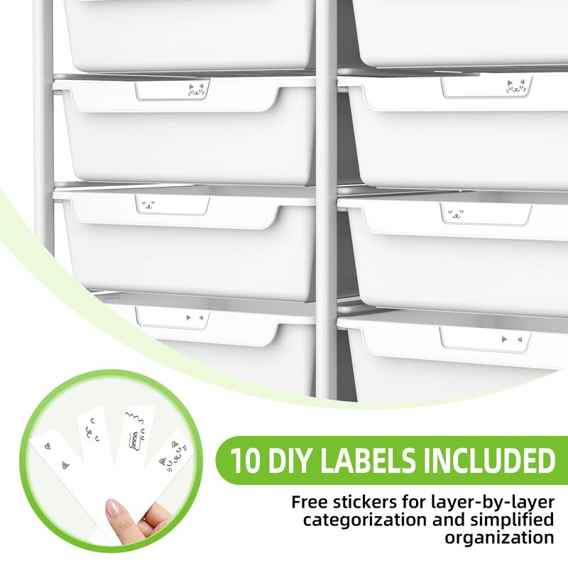 10 Drawers Rolling Cart with Wooden Tabletop, Utility Storage Cart with Wheels, Art Supply Craft Organizer on Wheel with Metal Frame & Handles for Home Office School (Pure White)