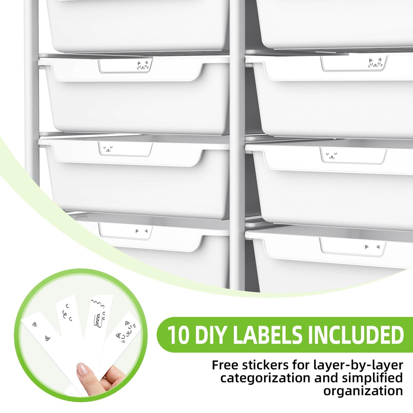 10 Drawers Rolling Cart with Wooden Tabletop, Utility Storage Cart with Wheels, Art Supply Craft Organizer on Wheel with Metal Frame & Handles for Home Office School (Pure White)
