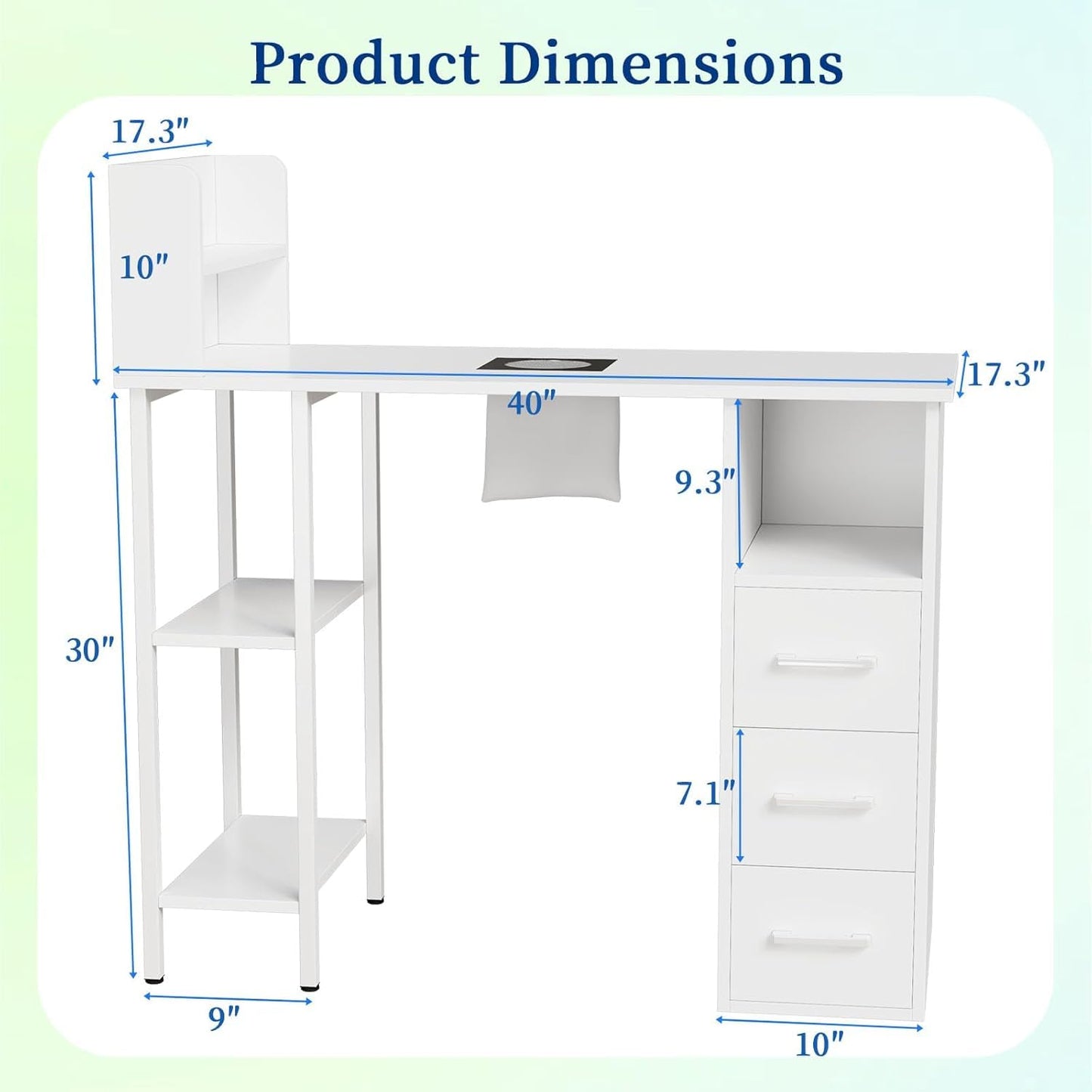 Annzoe Nail Desk for Nail Tech – Manicure Table with Electric Dust Collector, 3 Drawers, 2-Tier Cabinets & 3-Tier Shelves, White Nail Station for Salon or Home Use (White)