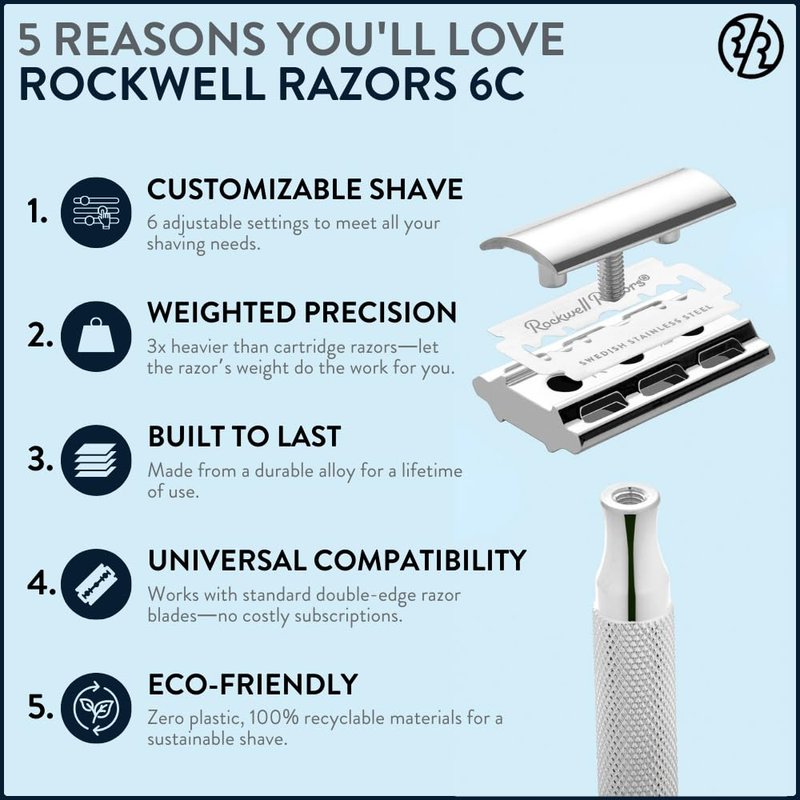 ROCKWELL RAZORS 6C White Chrome Safety Razor for Sensitive Skin. Reduces Razor Burn and Irritation. Comes with 6 Adjustable Shave Settings and 5 Recyclable Blades. Reusable Razor for Men and Women