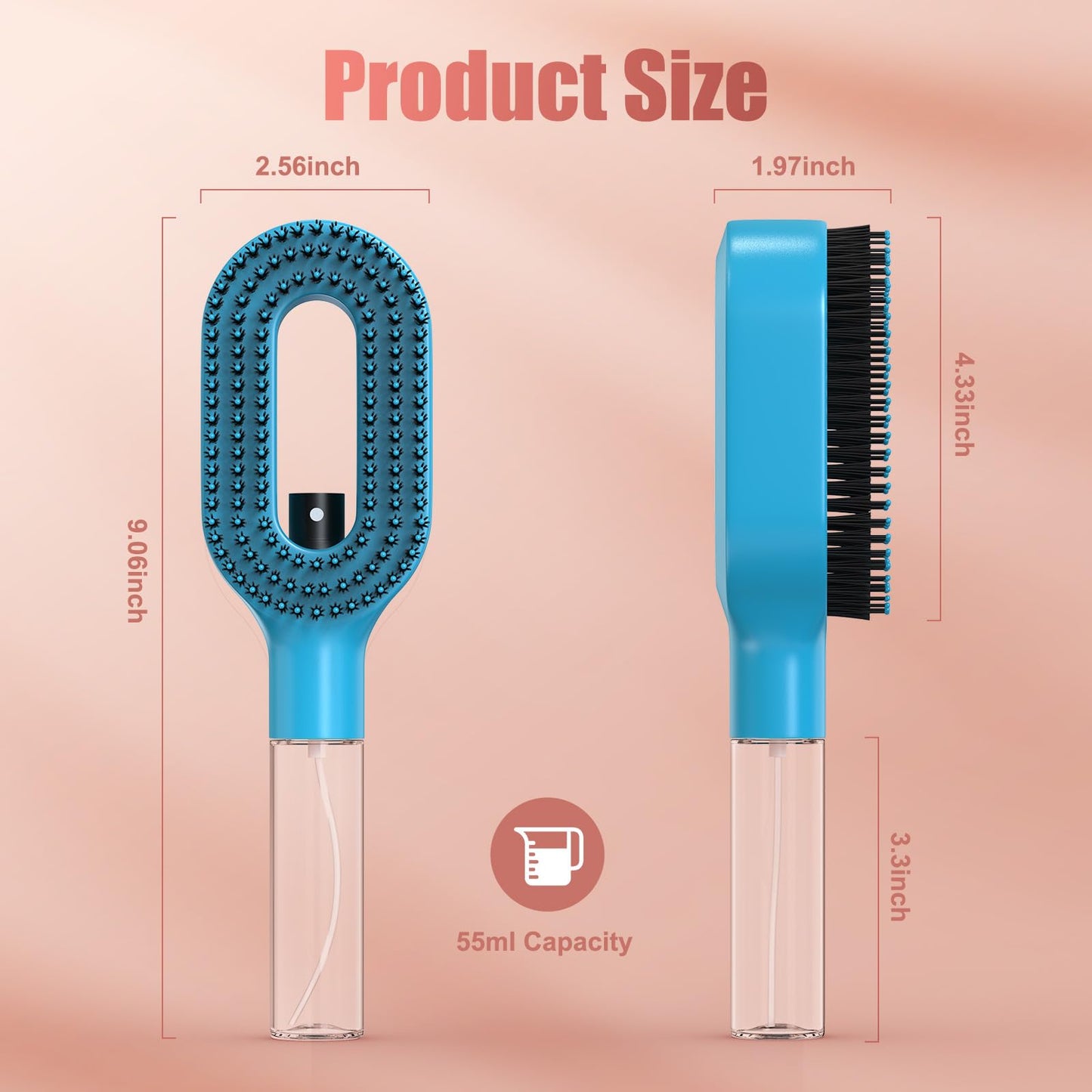 2-in-1 Portable Misting Hair Brush – Manual Press Water Spray, Hair Brush With Water Spray, Wet & Dry Detangling Spray Brush, Anti-Frizz, Suitable for All Hair Types and Textures(Blue)