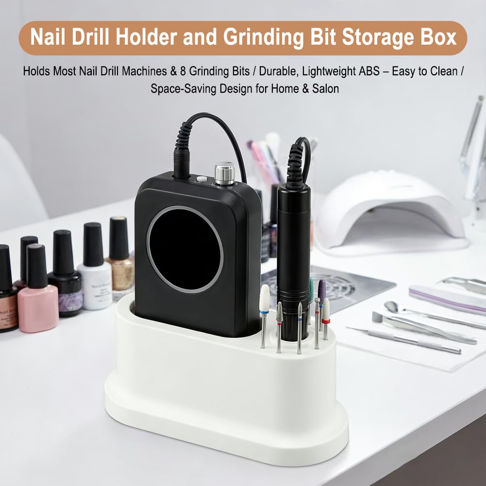 Nail Drill Stand & 8-Bit Organizer, Universal ABS Desktop Storage Holder for E-File Machines and Grinding Bits, Compact Case for Home Nail Techs & Professional Salons