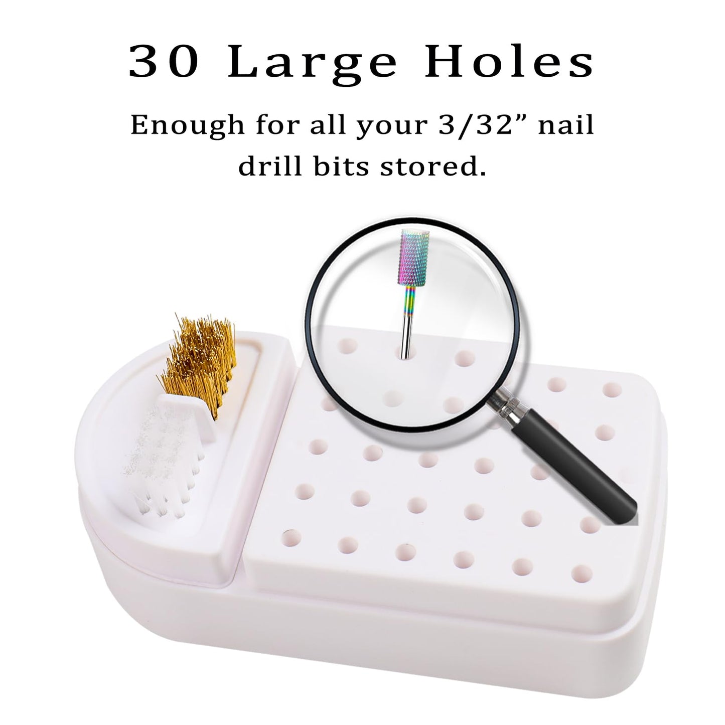 Nail Drill Bits Holder 2 in 1 Nail Drill Bits Cleaning Brush Case, 30 Holes Dustproof Acrylic Nail Drill Holder Storage Box, Nail Drill Bit Holder Stand Displayer Organizer for Home Salon Use (White)
