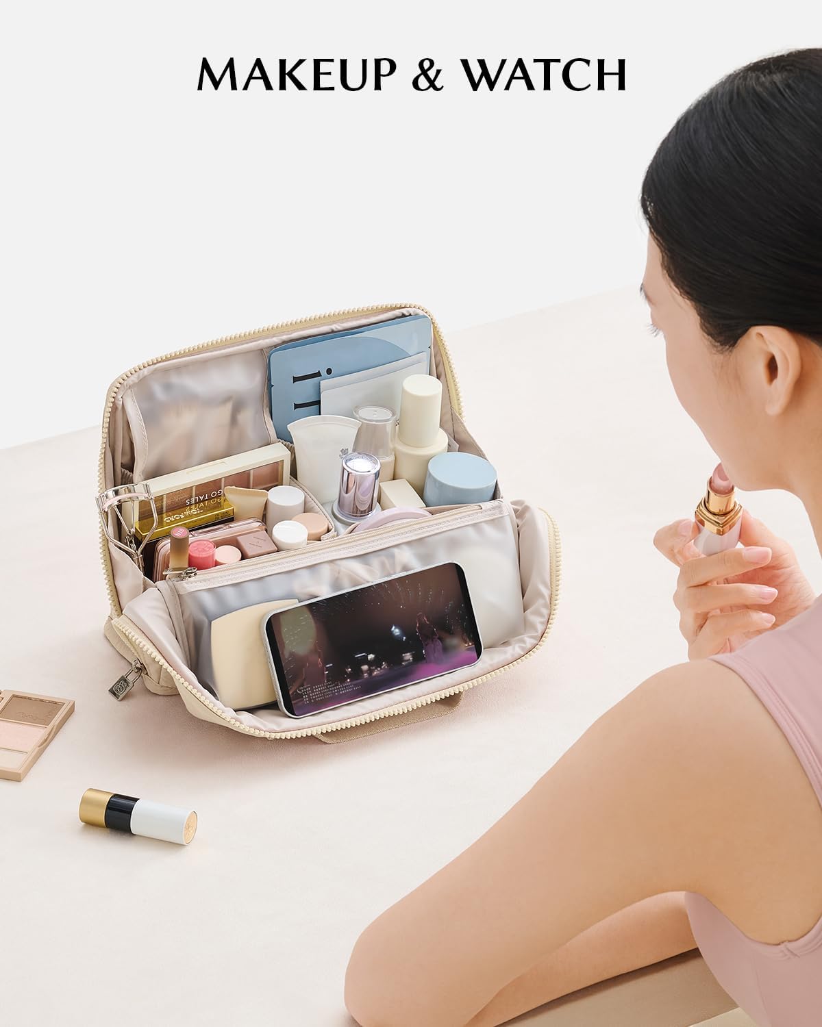 Large Waterproof Makeup Bag - EACHY Cosmetic Organizer with Phone Holder & Detachable Dividers | Wipe-Clean Brush Pouch for Women