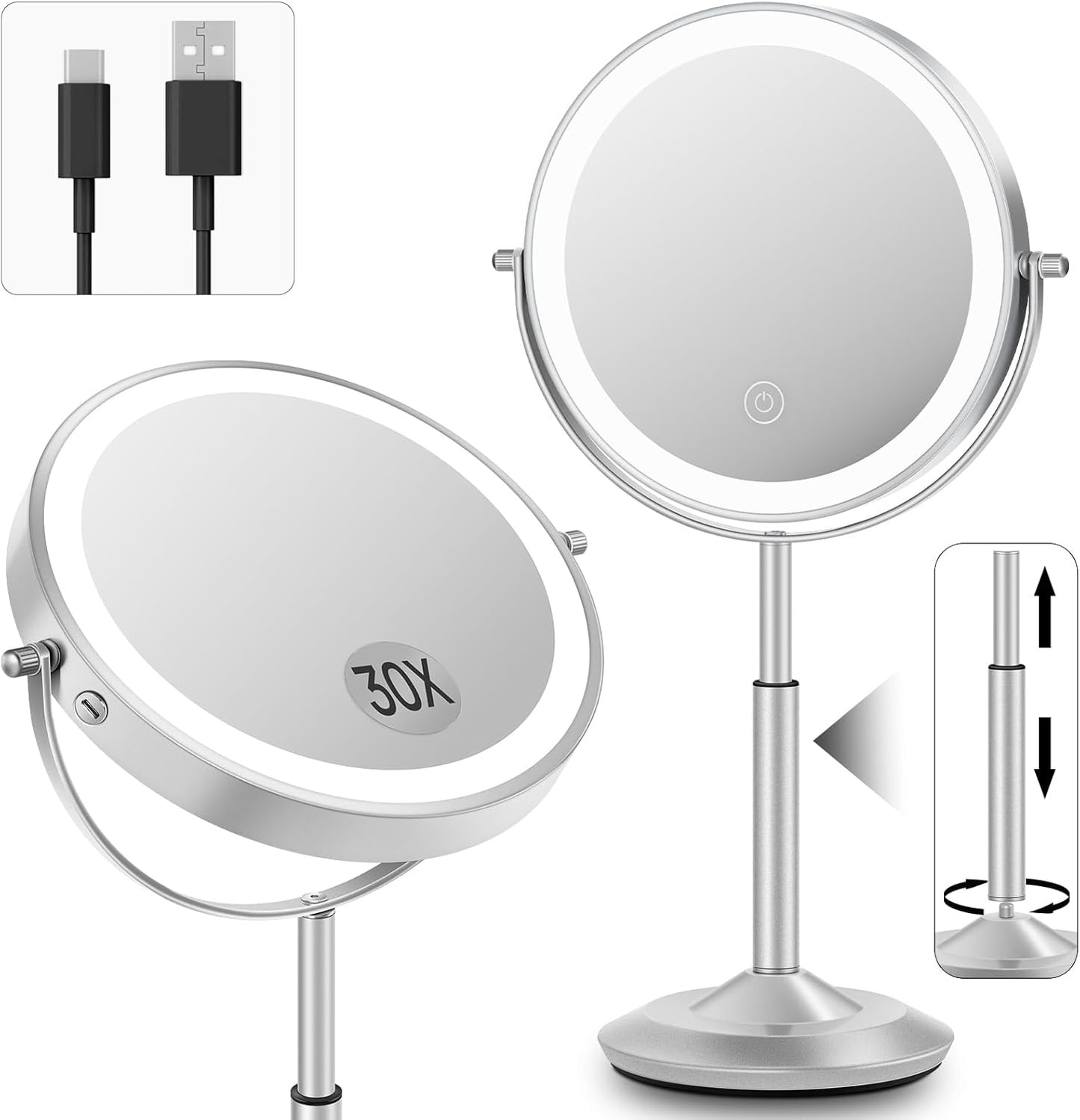 Makeup Mirror with Lights - 1X/30X Adjustable Magnifying Vanity Mirror | Rechargeable, Double-Sided, 3 LED Brightness Options