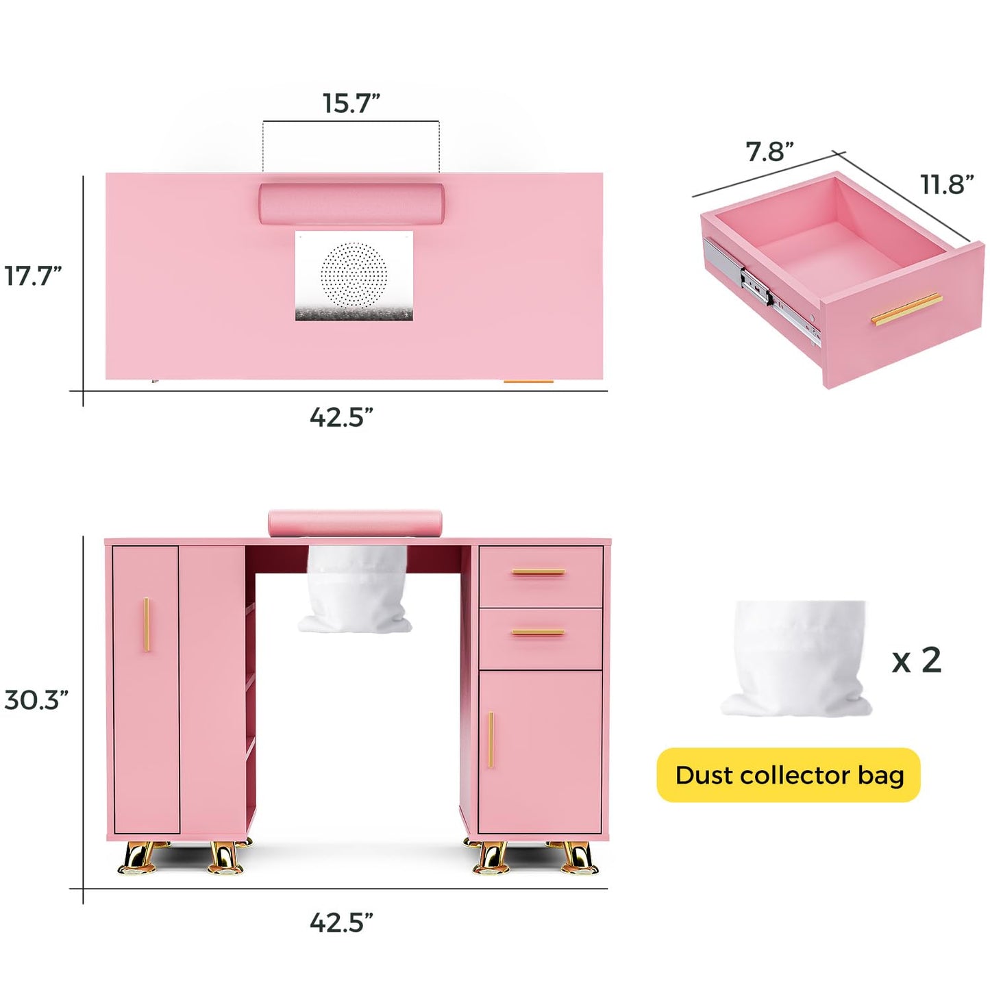 MOMOKOVA Manicure Table with Dust Collector, Modern Nail Station Nail Desk for Nail Tech with Wrist Rest, Storage Drawer & Cabinet, Beauty Salon Workstation, Pink