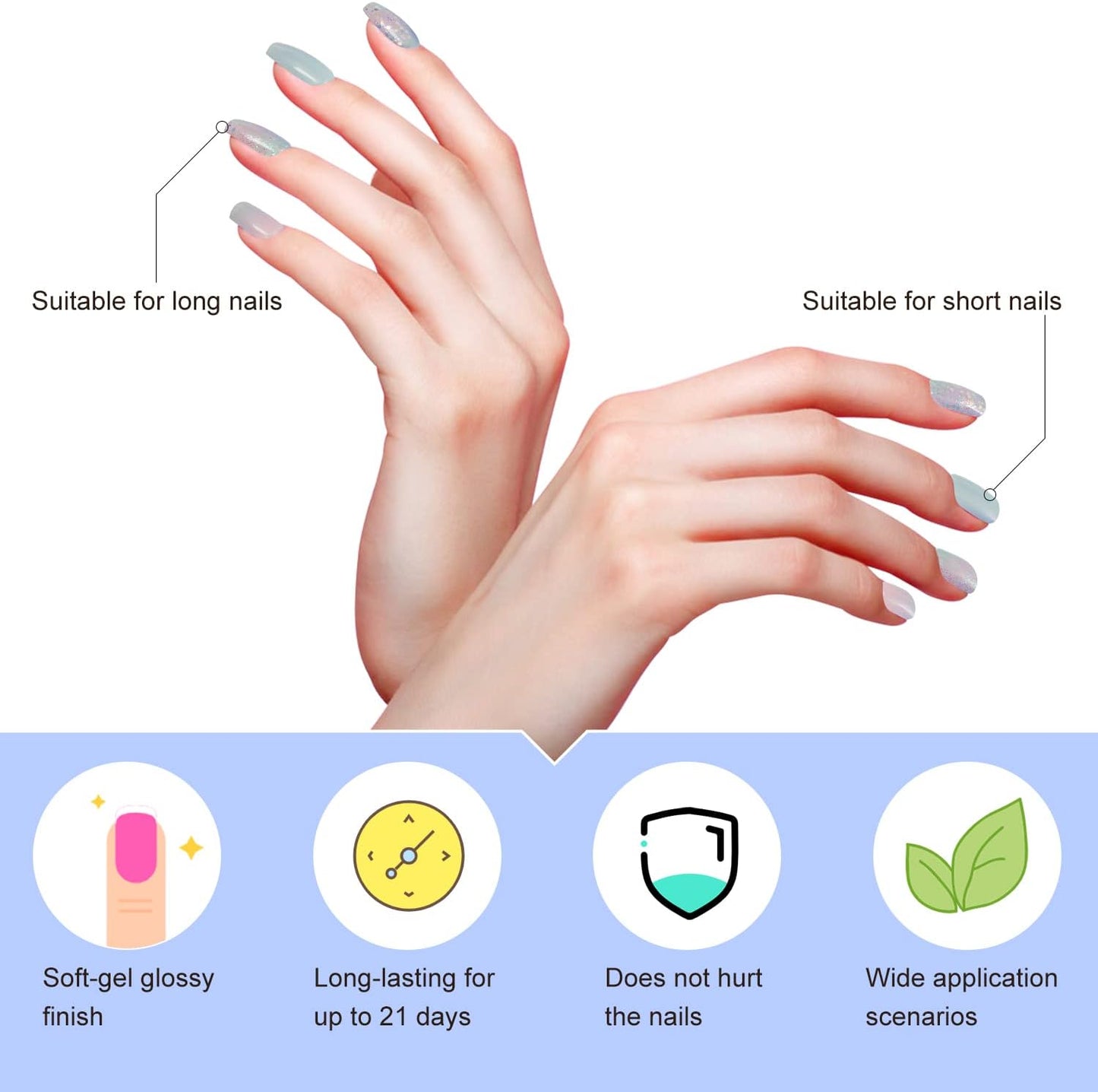 Gel Nail Strips - Semi-Cured UV Nail Stickers for Long-Lasting Manicure | 28 Pcs Light Blue