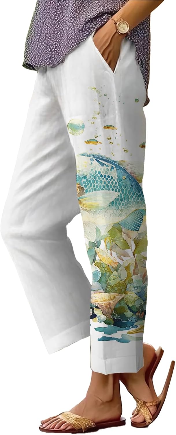 Womens Plus Size Floral Boho Capris - Elastic Waist Beach Trousers | Casual Summer Pants
