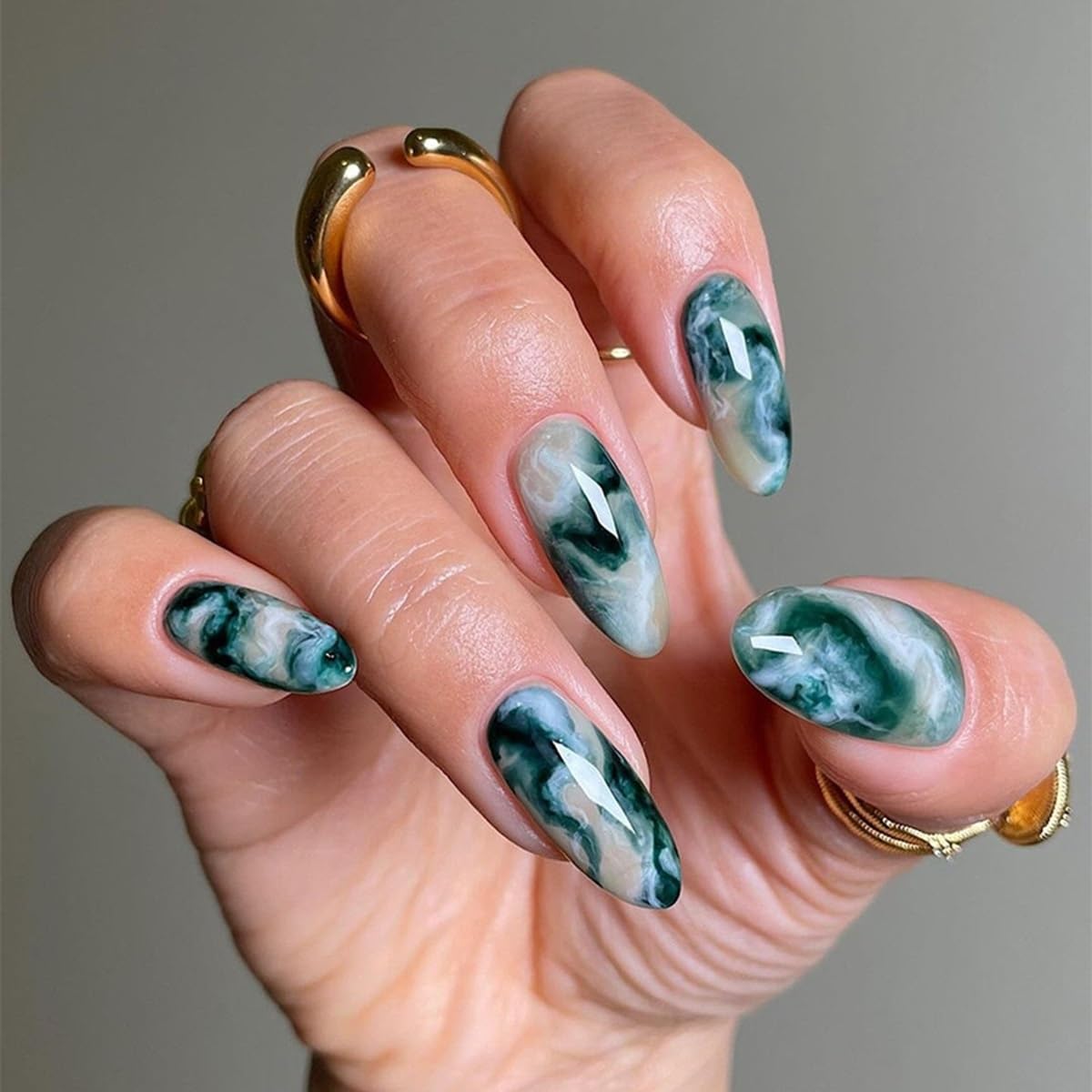 Press On Nails Almond - Medium Aurora Design Full Cover Fake Nails | 24 Pcs White Stick-On for Women