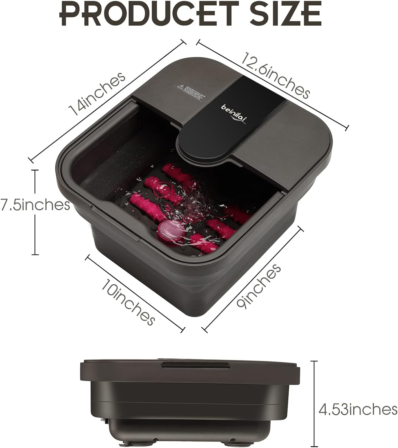 Beinilai Collapsible Foot Spa | Heated Foot Bath with Massage & Bubble Jets - Red Light, Pumice Stone, Acupressure Rollers