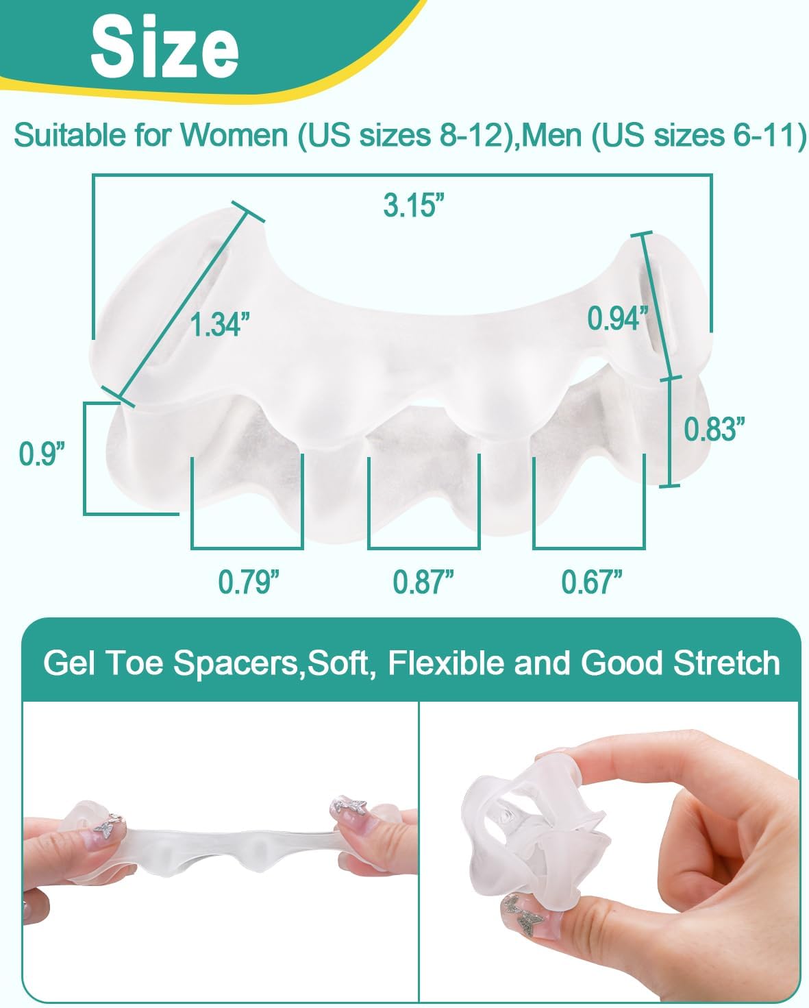 Toe Spacers Silicone Gel Separators - Soft Bunion & Hammer Toe Correctors | Clear, 2 Pairs for Foot Relief