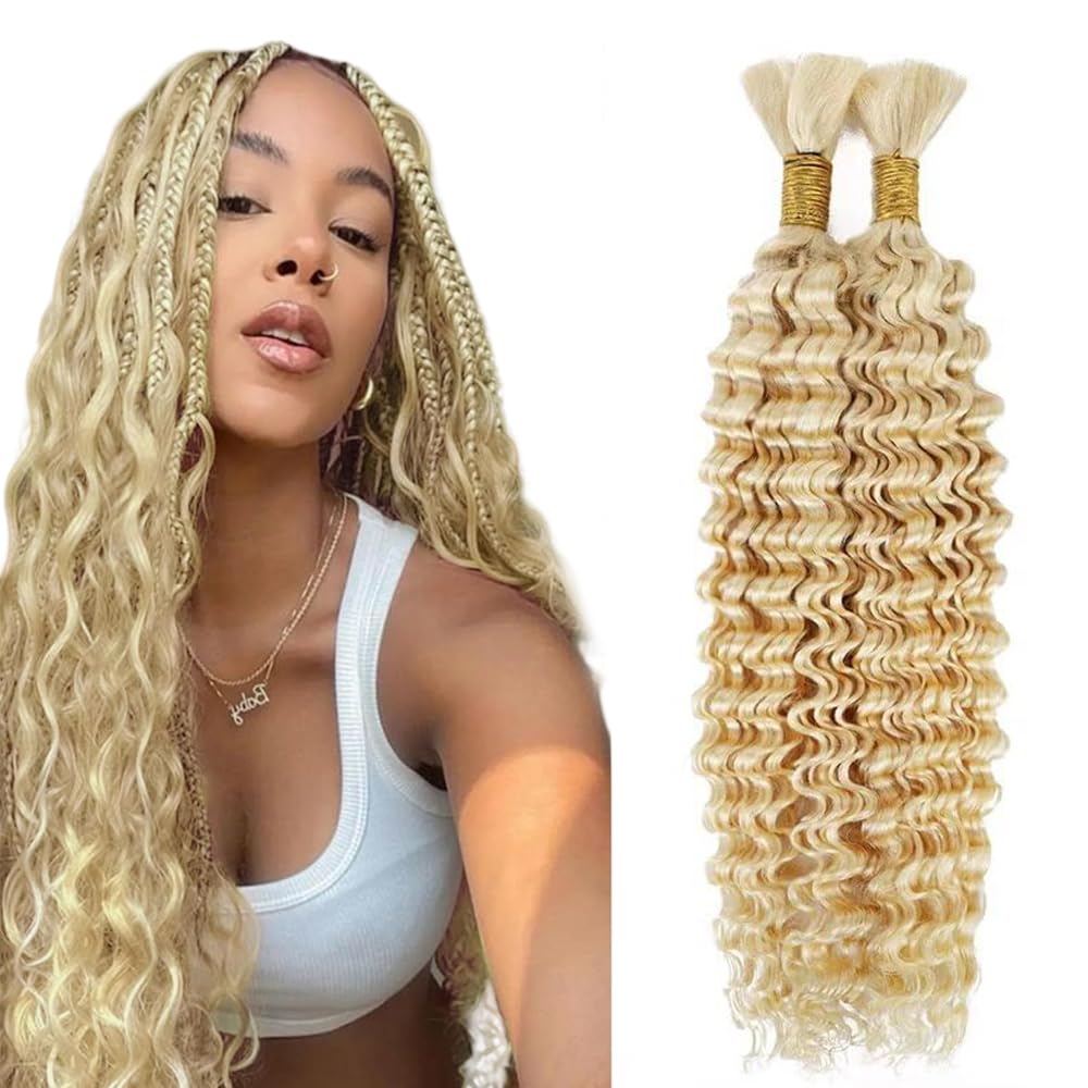 LadrXadr 613 Boho Human Hair Braiding 613 Human Boho Hair Blonde Deep Wave Braiding Color 613 Deep Curly Wave Braids Color 613 Blonde Braids 22 22 Inch 100g