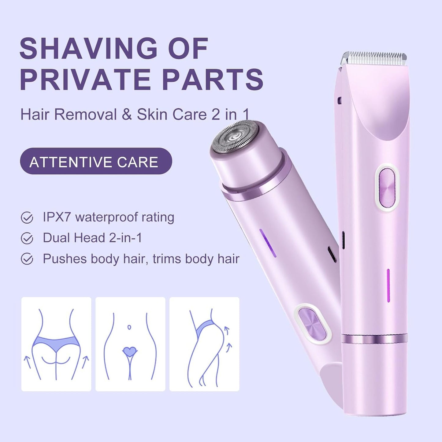 Glow Aura Womens Shaver, 2 in 1 Bikini Trimmer for Women USB Rechargeable, IPX7 Waterproof Wet & Dry Electric Razors, Painless Hair Remover for Bikini Underarm Leg Arm Body Face, Purple