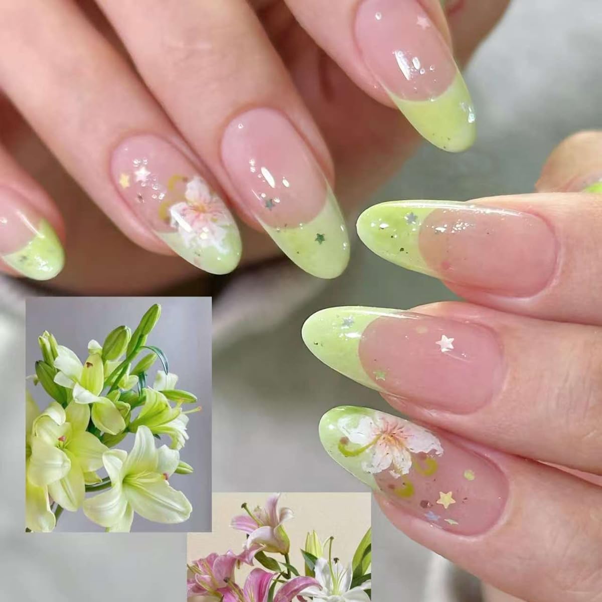 24Pcs Green French Tip Press on Nails Medium Almond Fake Nails Colorful Star with Lily Press Ons Glue on Nails Artificial Spring False Nails Cute Flower Stick on Nail for Women Acrylic Manicure