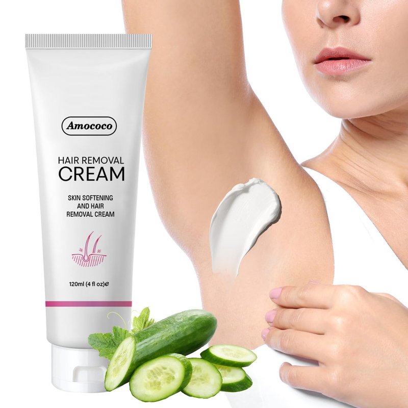Amococo Painless Hair Removal Cream Kit, Effective Depilatory Cream for Women & Men, Formulated with Cucumber for Smooth Skin, Hair Remover with Spatula for Legs & Underarms, 4 oz