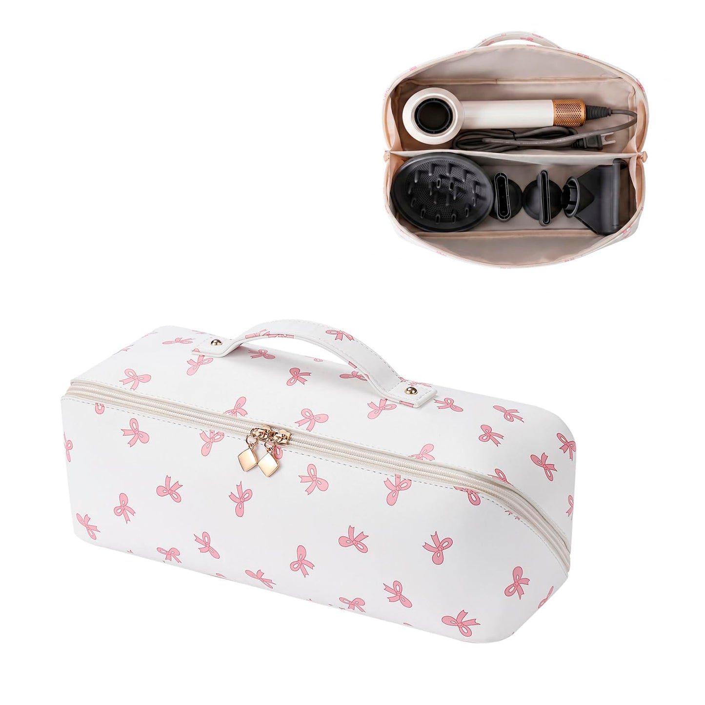 RSRSLEII Hair Tools Travel Bag, Waterproof Hair Styling Accessories Storage Case for Hair Dryer Straightener Curling Iron, Wide-open Hot Hair Tool Organizer with Dividers(02 Pink Bow)