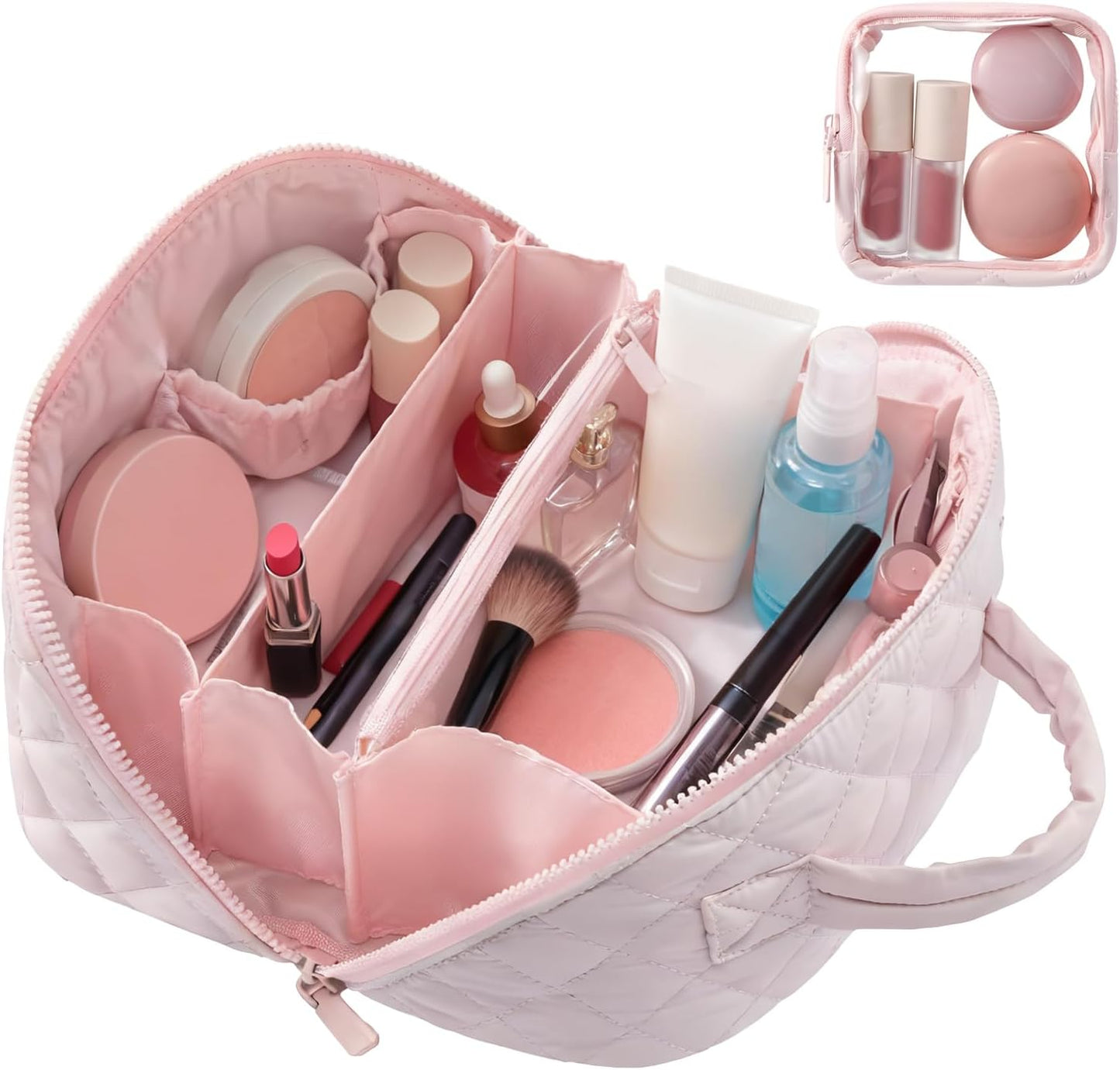 Travel Makeup Bag - Waterproof Padded Cosmetic Organizer for Women | Wide-Open Pouch in Pink