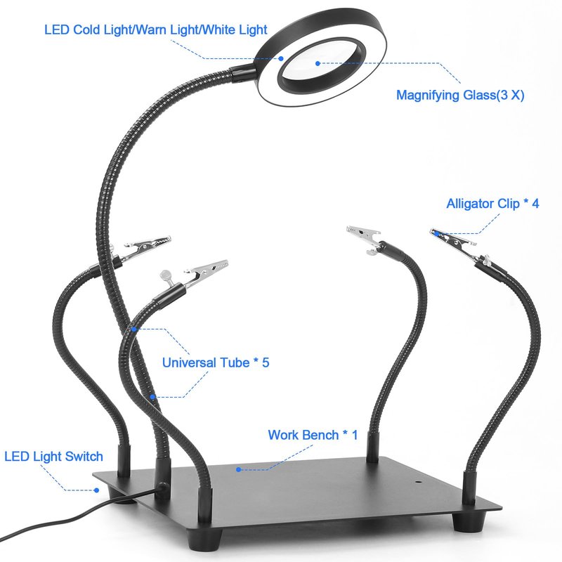 NZQXJXZ Helping Hands Soldering Station with 3X Magnifying Glass and Light, Soldering Holder Metal Circuit Board Holder 4 Flexible Metal Arms Magnetic Helping Hand for Soldering, Assembly, Repair